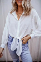 Shirts White / S / 100%Polyester Knotted Front Loose Fit Sheer Shirt