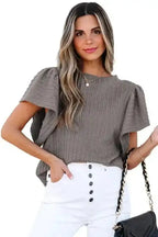 Short Sleeve Blouses Elegant Texture Flutter Top
