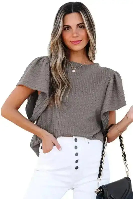 Short Sleeve Blouses Elegant Texture Flutter Top