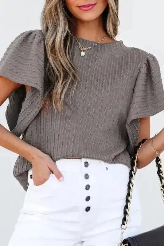 Short Sleeve Blouses Elegant Texture Flutter Top