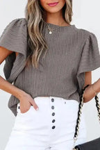 Short Sleeve Blouses Elegant Texture Flutter Top