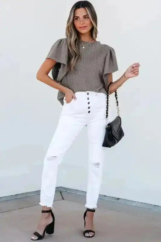 Short Sleeve Blouses Elegant Texture Flutter Top