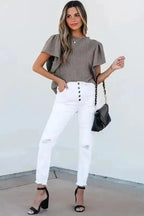 Short Sleeve Blouses Elegant Texture Flutter Top