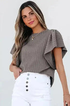 Short Sleeve Blouses Elegant Texture Flutter Top