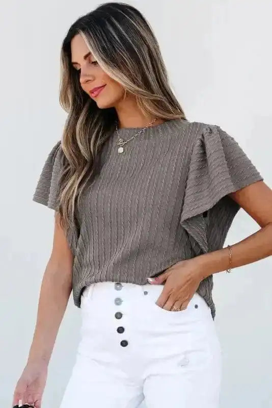 Short Sleeve Blouses Elegant Texture Flutter Top