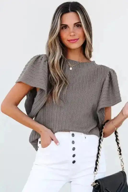 Short Sleeve Blouses Elegant Texture Flutter Top