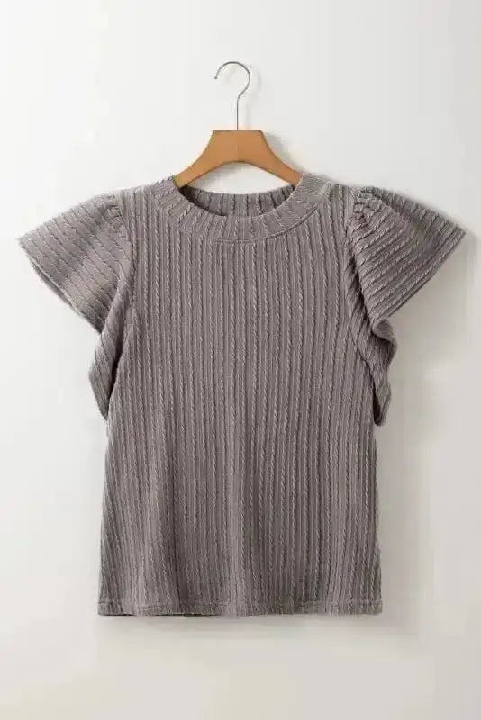 Close-up of Cable Textured Flutter Sleeve Knit Top showing distinctive raised cable knit texture in soft grey — Fashionfitz