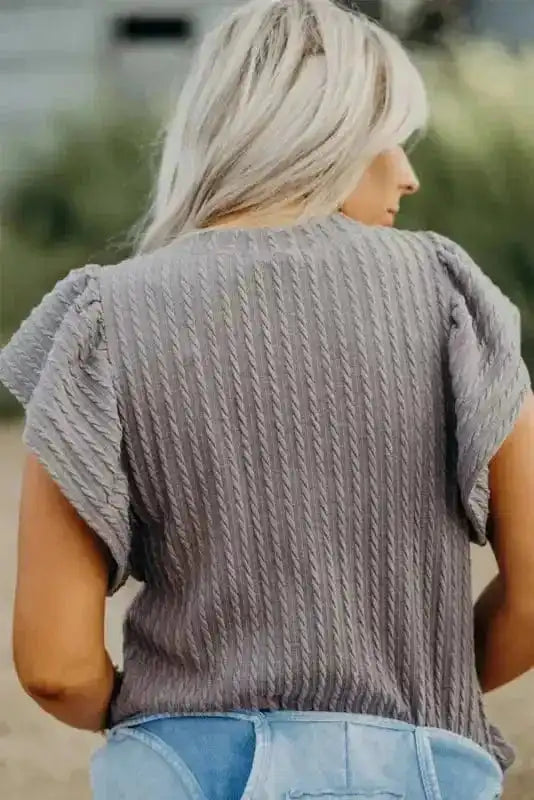 Short Sleeve Blouses Elegant Texture Flutter Top