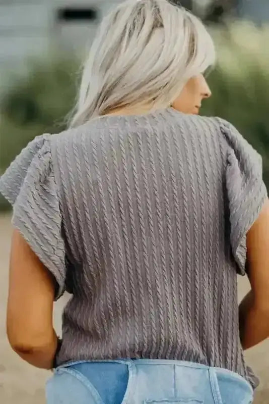 Back view of Cable Textured Flutter Sleeve Knit Top showing round neckline and 95% polyester-elastane silhouette — Fashionfitz