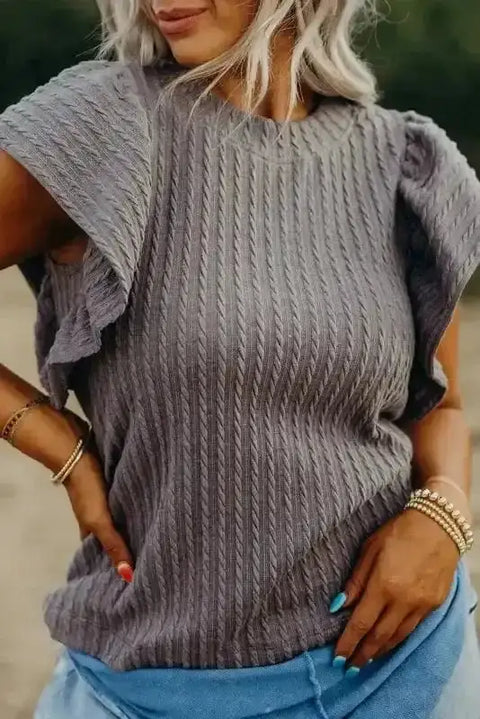 Short Sleeve Blouses Grey / S / 95%Polyester+5%Elastane Elegant Texture Flutter Top