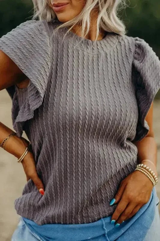 Short Sleeve Blouses Grey / S / 95%Polyester+5%Elastane Elegant Texture Flutter Top
