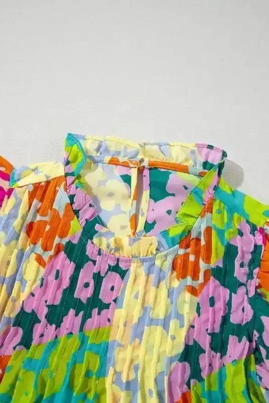 Multicolour Abstract Pleated Frilled Neck Flutter Blouse Women UK styled as a vibrant artisan summer outfit — Fashionfitz