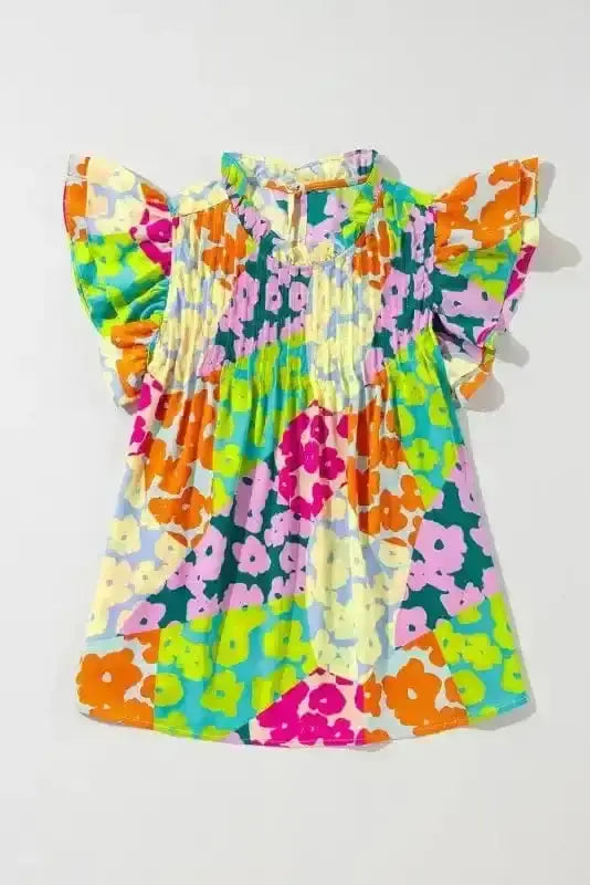 Back view of Abstract Pleated Frilled Neck Flutter Blouse showing flutter sleeves and relaxed silhouette — Fashionfitz
