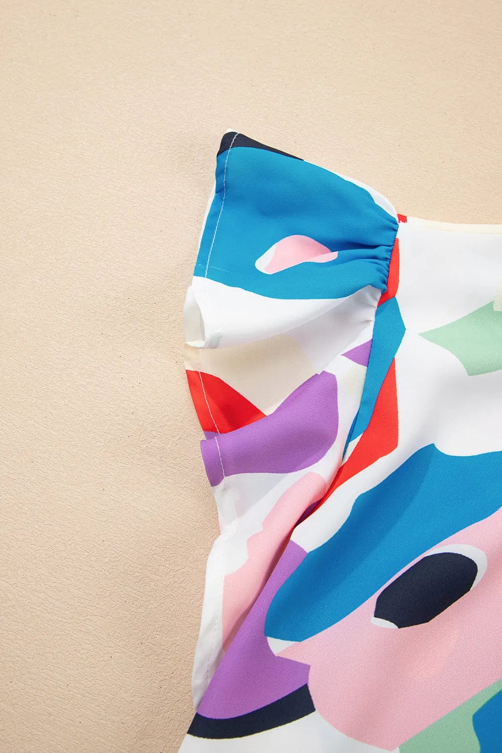 Short Sleeve Blouses Multicolor Abstract Print Ruffle Sleeve Smocked Blouse