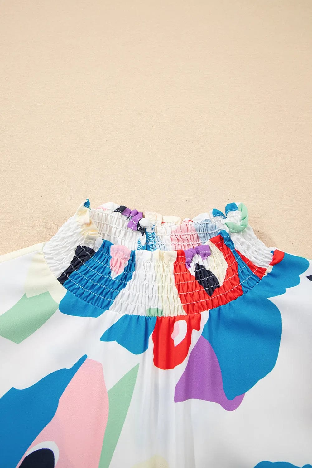 Short Sleeve Blouses Multicolor Abstract Print Ruffle Sleeve Smocked Blouse