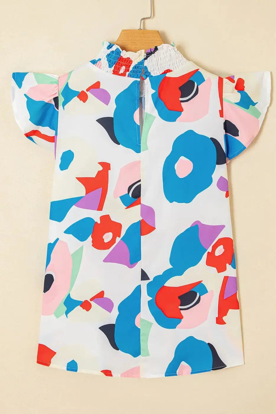 Short Sleeve Blouses Multicolor Abstract Print Ruffle Sleeve Smocked Blouse