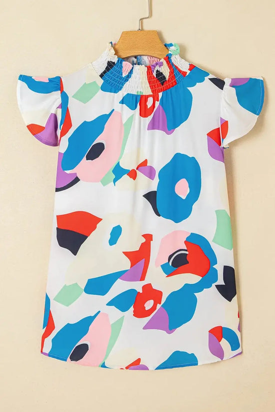 Short Sleeve Blouses Multicolor Abstract Print Ruffle Sleeve Smocked Blouse