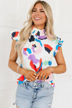 Short Sleeve Blouses Multicolor Abstract Print Ruffle Sleeve Smocked Blouse
