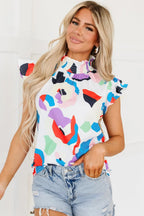 Short Sleeve Blouses Multicolor Abstract Print Ruffle Sleeve Smocked Blouse
