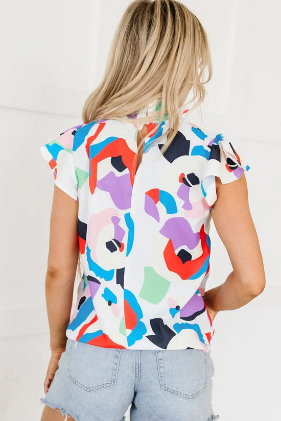 Short Sleeve Blouses Multicolor Abstract Print Ruffle Sleeve Smocked Blouse