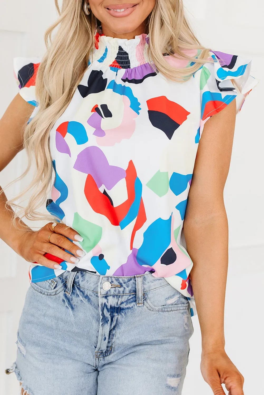 Short Sleeve Blouses Multicolor Abstract Print Ruffle Sleeve Smocked Blouse
