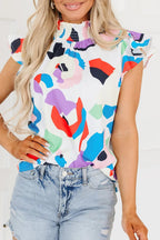 Short Sleeve Blouses Multicolor Abstract Print Ruffle Sleeve Smocked Blouse