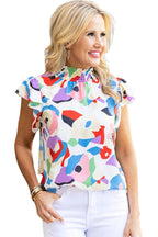 Short Sleeve Blouses Multicolor Abstract Print Ruffle Sleeve Smocked Blouse