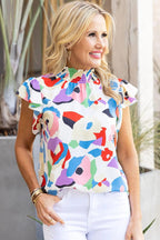 Short Sleeve Blouses Multicolor Abstract Print Ruffle Sleeve Smocked Blouse