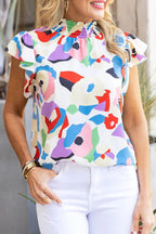 Short Sleeve Blouses Multicolor Abstract Print Ruffle Sleeve Smocked Blouse