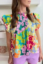 Abstract Pleated Frilled Neck Flutter Blouse Women UK — front view showing multicolour abstract print and frilled neckline — Fashionfitz