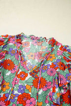 Short Sleeve Blouses Red Floral Puff Sleeve Blouse