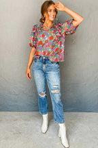 Short Sleeve Blouses Red Floral Puff Sleeve Blouse