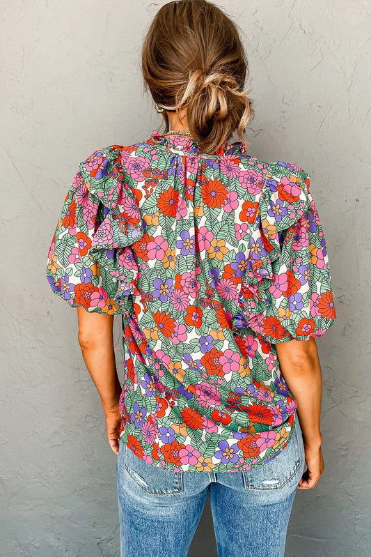Short Sleeve Blouses Red Floral Puff Sleeve Blouse