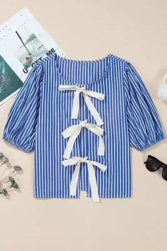 Short Sleeve Blouses Stripe Delight Ribbon Blouse