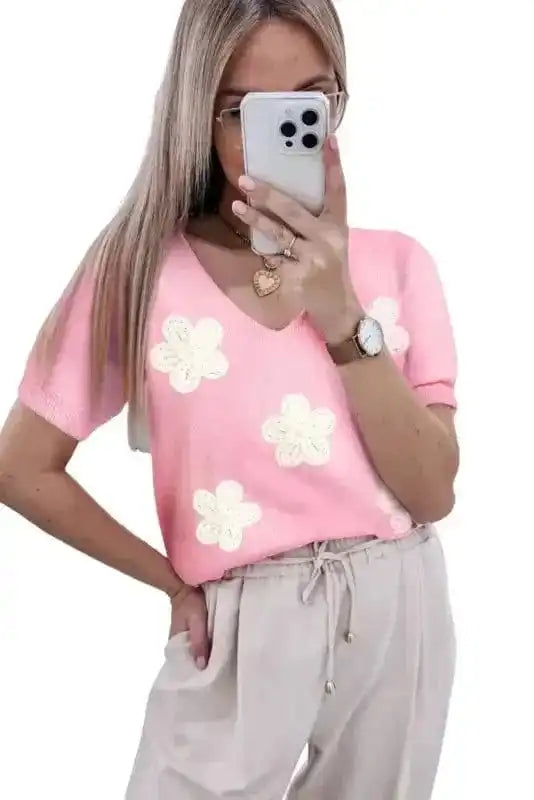 Short Sleeve Sweaters Blossom Breeze Crochet Sweater
