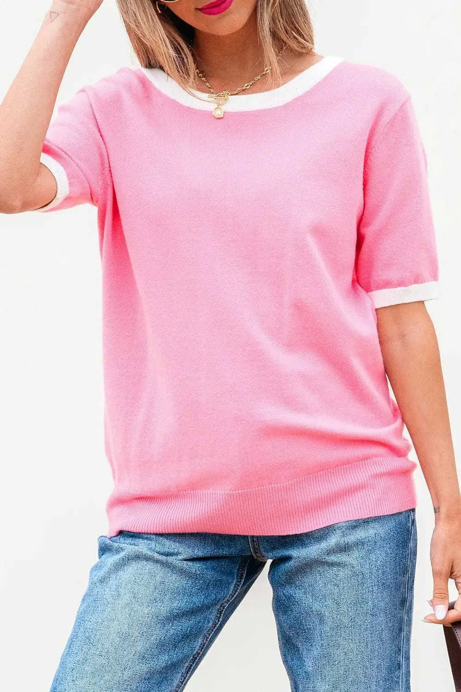 Short Sleeve Sweaters Bonbon Cut-Back Short Sleeve Jumper
