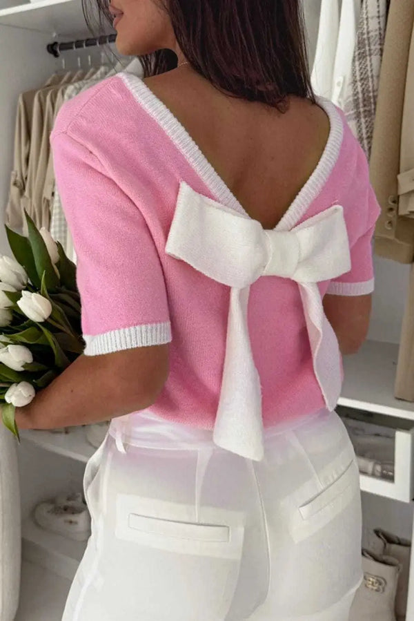 Bonbon cut-back short sleeve knit jumper front view — Fashionfitz UK