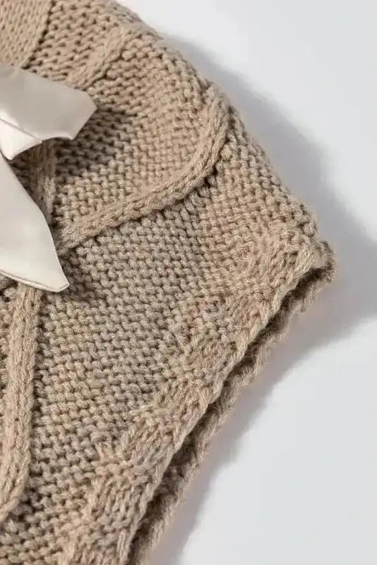 Short Sleeve Sweaters Chic Taupe Cable Knit Charm - Satin Bow Short Sleeve Sweater