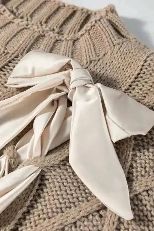 Short Sleeve Sweaters Chic Taupe Cable Knit Charm - Satin Bow Short Sleeve Sweater