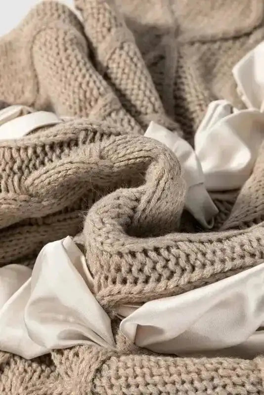 Short Sleeve Sweaters Chic Taupe Cable Knit Charm - Satin Bow Short Sleeve Sweater