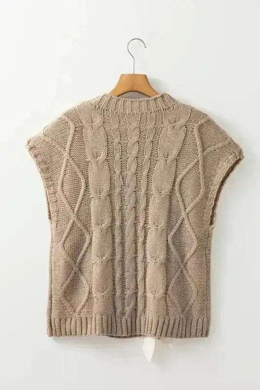 Short Sleeve Sweaters Chic Taupe Cable Knit Charm - Satin Bow Short Sleeve Sweater