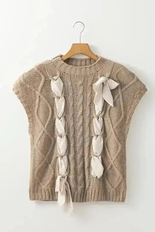 Short Sleeve Sweaters Chic Taupe Cable Knit Charm - Satin Bow Short Sleeve Sweater