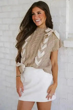 Short Sleeve Sweaters Chic Taupe Cable Knit Charm - Satin Bow Short Sleeve Sweater