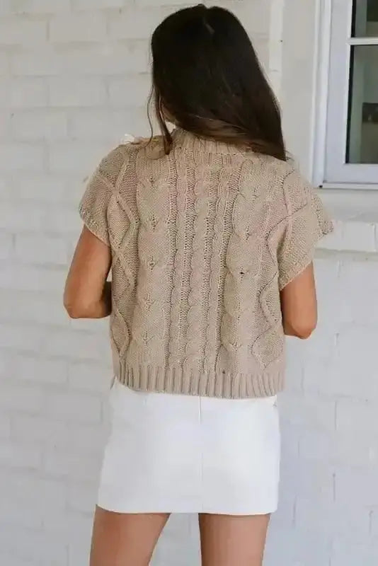 Short Sleeve Sweaters Chic Taupe Cable Knit Charm - Satin Bow Short Sleeve Sweater