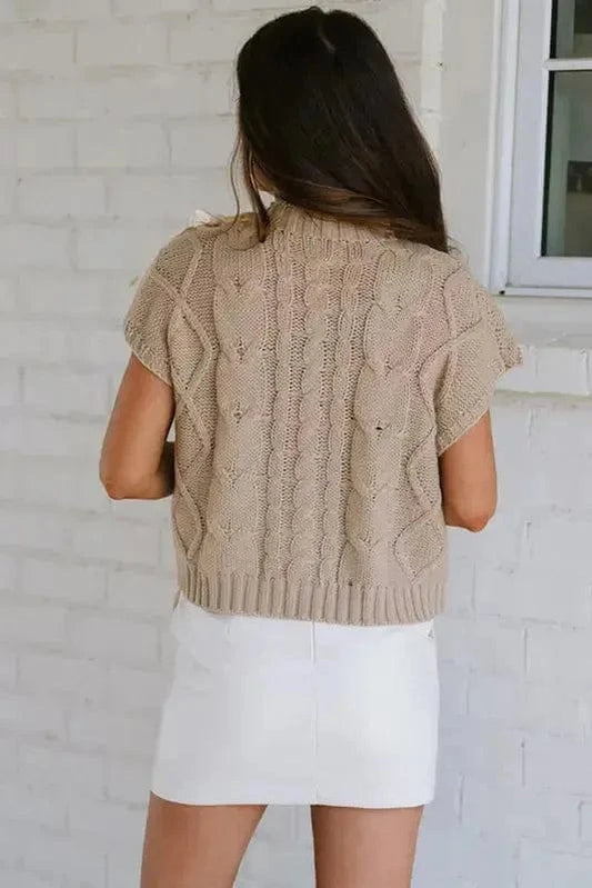 Short Sleeve Sweaters Chic Taupe Cable Knit Charm - Satin Bow Short Sleeve Sweater