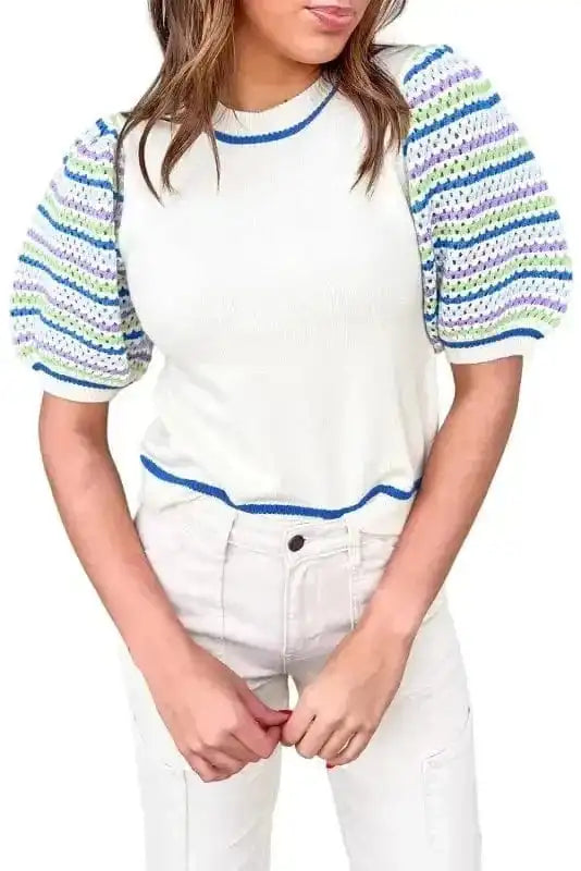Short Sleeve Sweaters Cozy Cloud Striped Crochet Sweater