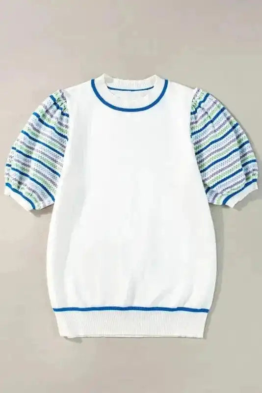 Short Sleeve Sweaters Cozy Cloud Striped Crochet Sweater