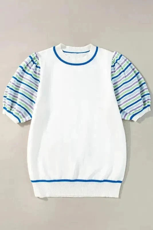 Short Sleeve Sweaters Cozy Cloud Striped Crochet Sweater