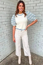 Short Sleeve Sweaters Cozy Cloud Striped Crochet Sweater