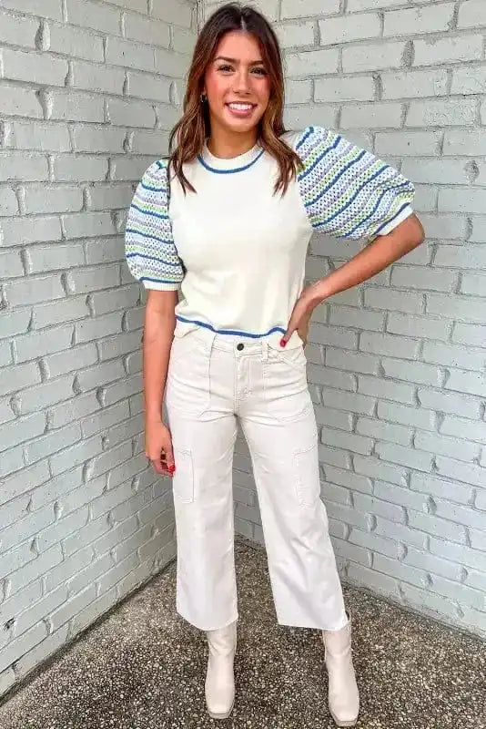 Short Sleeve Sweaters Cozy Cloud Striped Crochet Sweater